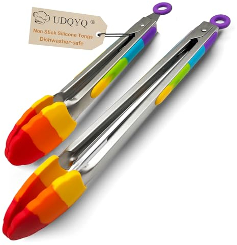 2-er Pack Küchenzange,22 & 30 cm Silikon-Zange für Air-Fritteuse & Grill, Edelstahl-Küchenzange mit Verriegelungsclip für BBQ, Servieren (Regenbogenfarben)