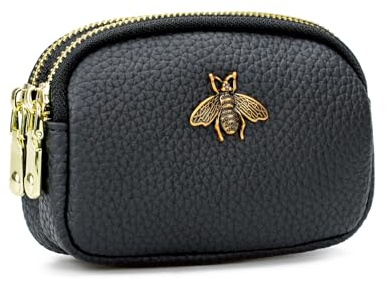 QIUTIMIY Women Artificial Artificial Leather Small Purse Pouch Cash Mini Coin Wallet Double Zipper Pocket with Keychain(Black)