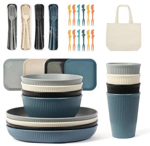 ZgoEC 49pcs Camping Cutlery Set for 4 People, Unbreakable Camping Dinner Set for 4, Lightweight Plastic Dinner Set, Camping Plates and Bowls Set with Carry Bag, Picnic Tableware Set for BBQ Garden