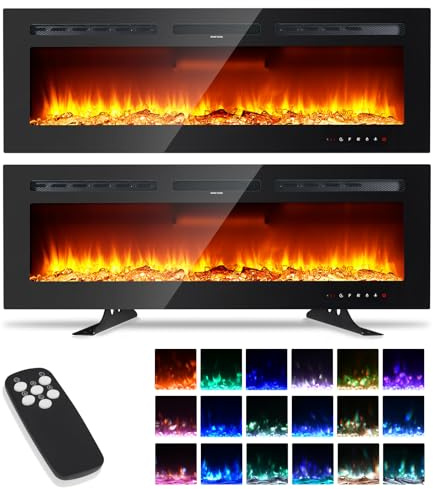 Electric Fireplace 60inch/152cm,Wall Mounted Electric Fire,with Remote Control,12 Realistic 3D Flame Colors,2 Heat Settings 900/1800W, Adjustable Flame Brightness,with Touch Screen Control