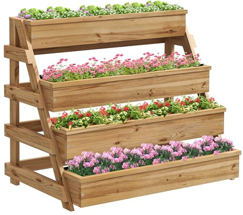 Outsunny Letto per Orto Rialzato da Esterno a 4 Livelli, Fioriera Rialzata in Legno di Abete con Fori di Drenaggio e Tessuto non Tessuto, per Piante, Fiori e Verdure, 75x57x60.5 cm, Color Legno