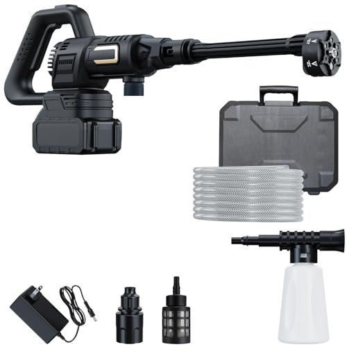 Lambluefly Idropulitrice a batteria, 120 bar, con motore senza spazzole, 3 livelli regolabili, 2 batterie da 4,0 Ah e 6 in 1 ugello per lavaggio auto, pulizia del giardino