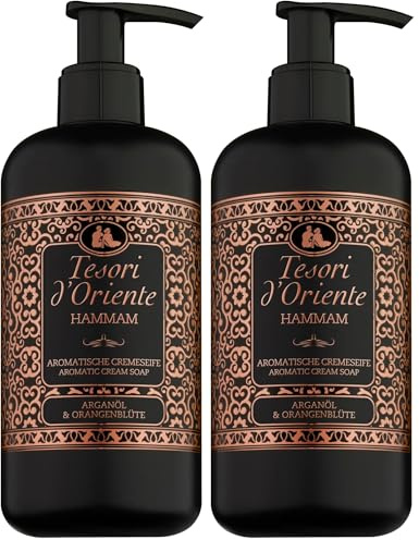 Tesori d'Oriente Savon liquide Hammam - 300 ml - Savon pour les mains aromatique à l'huile d'argan et fleur d'oranger - Distributeur de savon liquide à pompe pour un nettoyage en douceur - rituel de