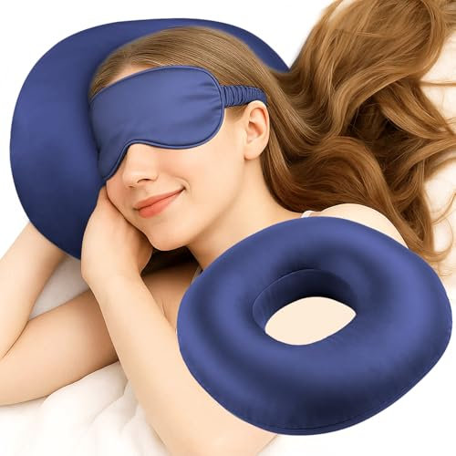LuxoCare Cuscino per piercing all'orecchio per chi dorme sul fianco, set di cuscino e maschera per gli occhi in raso setoso con foro per l'orecchio, CNH e sollievo dal dolore all'orecchio