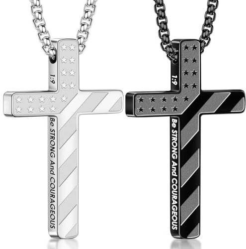 Romass 2Pcs Cross Necklace for Men Boys,Silver Black 1:9 Baptism Religious Christian First Communion Confirmation Stainless Steel American Flag Chain Gifts Jewelry