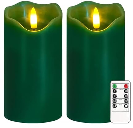 Justup Velas LED sin llama, juego de 2 velas LED parpadeantes con mando a distancia y temporizador, columnas regulables, velas con pilas, velas verdes para decoración navideña del hogar (verde)
