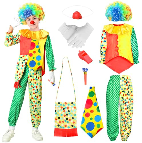 Costume Clown Bambini, Costume Circo, Parrucca Riccia da Clown, Naso da Clown, Cravatta Colorata, Guanti, Fischio, Oggetti di Scena da Circo, Adatto per Pasqua Cosplay Carnevale Halloween (130)