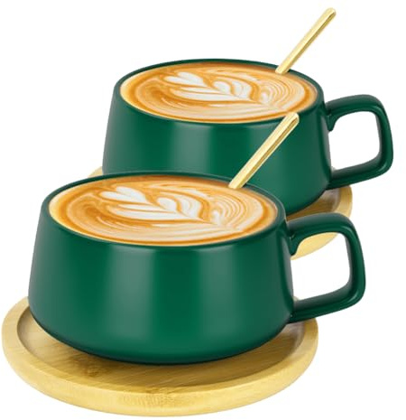 AOOTE Cappuccino kopp & tefat, 2 st espresso-kaffekopp i porslin med fat och sked, 320 ml breda cappuccinokoppar, keramiska kaffekoppar set för te, kaffe, espresso, amerikansk, latte