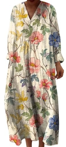 Ladies Dresses Maxi Dresses for Women UK Blue Casual Holiday Sun Summer Dress Long Sleeve V-Neck Beach Plus Size Dress Linen Cotton Summer for Women UK Purple