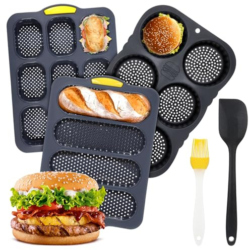 HANLANXUE Silicone Hotdog Bun Pan Set of 5, 4/6/9 Cup Hamburger Bun Mold with Spatula Brush, Standard Hot dog Buns Mold, Non-stick Homemade Hotdog Buns Baking Pans, Mini Baguette Pans, Dishwasher Safe