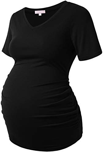Bhome Maternity Shirt Short Sleeve Pregnancy Tshirt Side Ruched Tee Top, Black Vneck, L