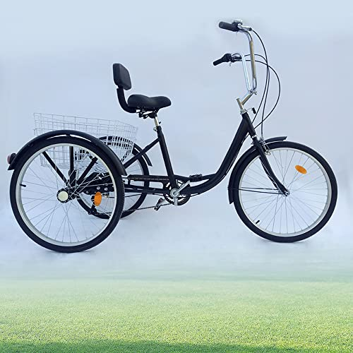 MINUS ONE Dreirad Für Erwachsene Erwachsenen Dreirad Fahrrad Mit 3 Rädern Seniorenrad Lastenfahrrad 24 6-Gang-Schaltung mit Licht (Schwarz ohne Licht)