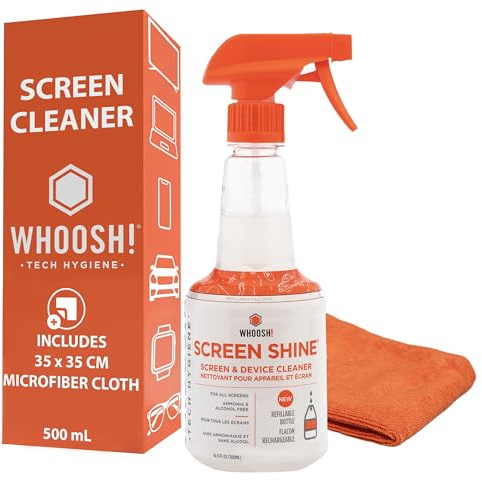 WHOOSH! Screen Shine Pro 16.9 fl oz Refillable Screen Cleaner for TV, OLED, and Monitors – Streak-Free Spray with Microfiber Cloth – Safe for Flat Screen, LCD, Smart Displays – Non-Toxic and Odorless