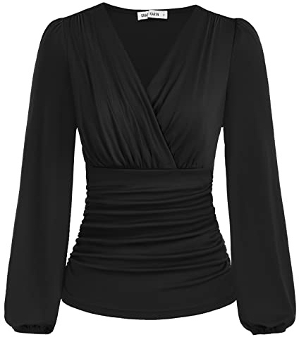 GRACE KARIN Donne Vintage Plissettato Camicie Maniche Lunghe Scollo a V Tinta Unita Top Slim Fit Plissé Top Tunica Estate Autunno Bluse Verde Chiaro L