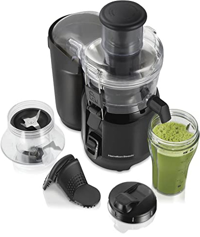 Hamilton Beach Juice & Blend 2-in-1 Juicer Machine and 20 oz. Blender, Big Mouth Large 3” Feed Chute for Whole Fruits and Vegetables, Easy to Clean, Centrifugal Extractor, 800W Motor, Black (67970)