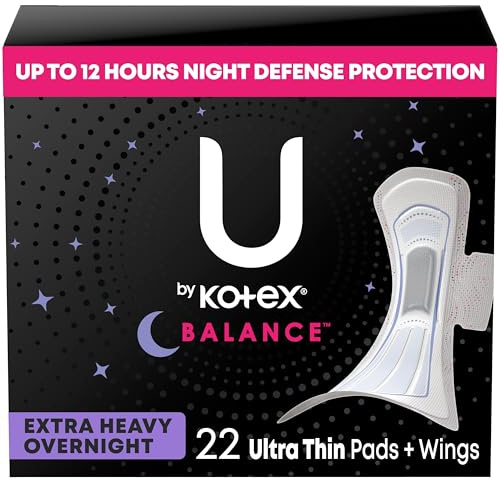 U by Kotex Balance Pads with Wings, Ultra Thin, Overnight, Extra Heavy Absorbency, 22 Count (Packaging May Vary)