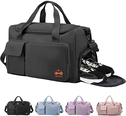 CarryFitness® Sports Gym Bag Duffle Bag with Shoes Compartment, Waterproof Weekend Bags for Women and Men, Hand Luggage Bag, Lightweight Holdall Hospital Overnight Bag - Black 37L