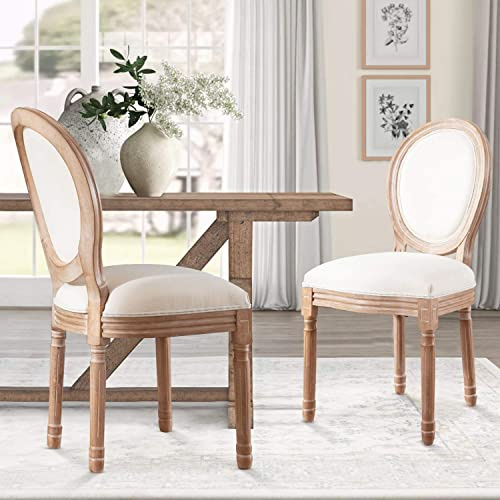 French Country Dining Chairs Set of 4, Farmhouse Fabric Dining Room Chairs with Round Back, Oval Side Chairs with Rubber Wood Leg for Living Room, Kitchen, Restaurant, (Beige)