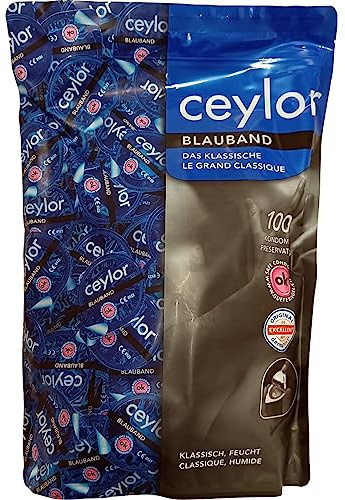 Ceylor Blauband 100 Kondome mit Gleitcreme, Großpackung, verpackt im hygienischen Dösli, einfach zu öffnen, schnelleres Überziehen, Premium-Qualität aus der Schweiz