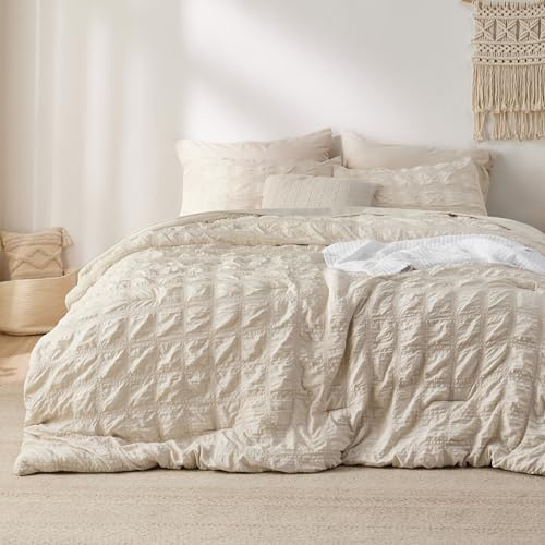 Bedsure Bed in a Bag Queen - 7 Pieces Plaid Seersucker Bedding Comforter Sets, Soft Lightweight Beige Boho Bed Set with Comforters Queen Size, Sheets, Pillowcases & Shams