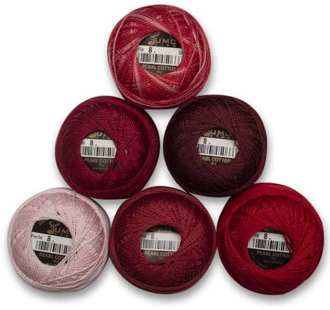 UMC STAG 6 bollar premium pärlbomull broderitråd storlek 8 | 100 % egyptiskt bomull virkat garn | korsstygnsbroderi garn | Oeko TEX-certifierad | 10 gram per boll (röda toner)