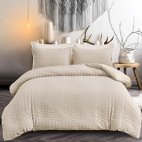 Beige Seersucker Duvet Cover Double Size Puckering Seersucker Cream Bedding Set,2 Pillowcases and Zipper Closure,Soft Microfiber,200x200 cm