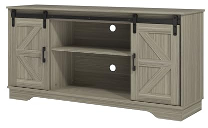 Panana Wooden Sideboard Storage Cabinet Freestanding Kitchen Cupboard with Sliding Barn Door, Adjustable Shelf, Farmhouse Style (Natural, 2 Doors 147x71x40cm)