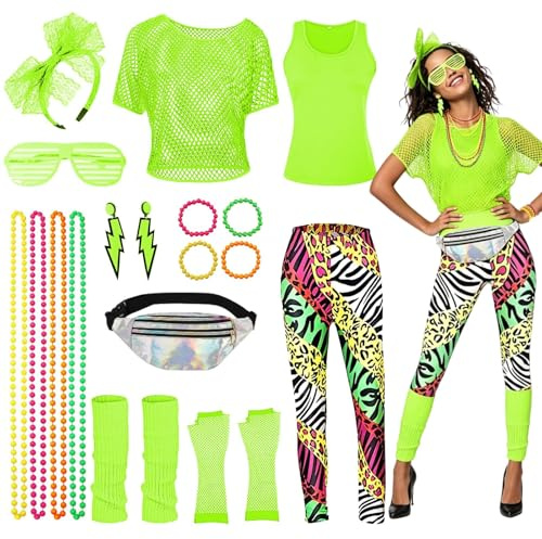 Déguisement Année 80 Femme, Deguisement Disco Femme Accessoire avec T-shirt Resille, Legging, Sac Banane, Colliers, Bracelets, Gants, Tenue Annee 80 pour Cosplay Carnaval Bal Masqué