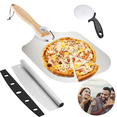 Aslanka Kit de préparation de pizza, spatule à pizza pliante en aluminium avec coupe-pizza et roue à pizza, accessoires de four pour la cuisson de la pâte à pizza faite maison