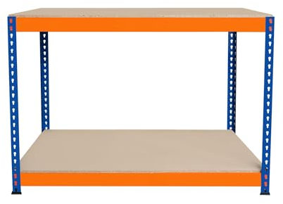Banco de Trabajo p/Garaje S-Rax 2 Niveles | 120cm x 60cm x 90cm | Capacidad por Nivel 300kg | Montaje Sin Tornillos | 1 Barra de Soporte Reforzada | Patas de Goma | Mesa para taller almacén depósito