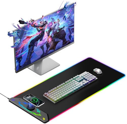 Gaming Mouse Pad RGB, 35x15.8 Large Keyboard Desk Mat with Magnetic Wireless Charging for iPhone, 24 Light Effects, Non-Slip Base, Waterproof Ultra-Smooth Surface, with Adapter, Black