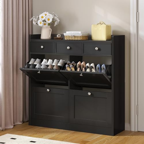 YITAHOME 4 Drawer Shoe Cabinet, Space Saving Shoe Storage Cabinet with 4 Flip Drawers and 3 Fabric Drawer Adjustable and Removable Divider for 24 Pairs of Shoes for Hallways and Living Room, Black