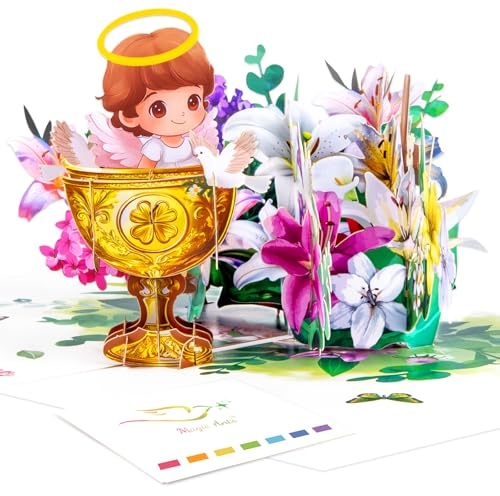 Magic Ants Christening 3D Pop Up Card for Girls Holy Baptism Greeting Card with Angel Halo Doves Flowers, and Elegant Golden Chalice, Baptism Gift and Celebration for Baby Girls