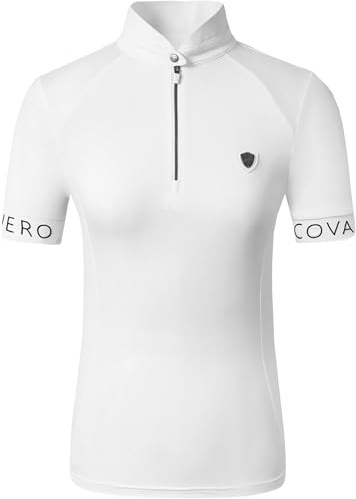Covalliero - Camiseta de competición para mujer – Camiseta de manga corta con cuello alto – Camiseta de equitación de tela de piqué – Camiseta deportiva con corte entallado – Ropa de equitación en
