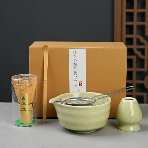XPJBKC Matcha Whisk Set, 5 PCS Matcha Tea Kit, Reusable Matcha Whisk and Bowl, Holder, Matcha Powder Strainer, Gift for Beginners and Enthusiasts (Green)