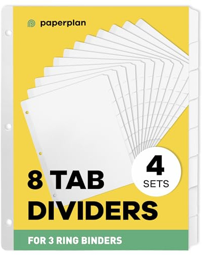 Binder Dividers with Tabs - (Set of 4) x 8-Tab Dividers for 3 Ring Binders, White, Reinforced Edge - Ideal for Keeping Your Documents Neat and Professional