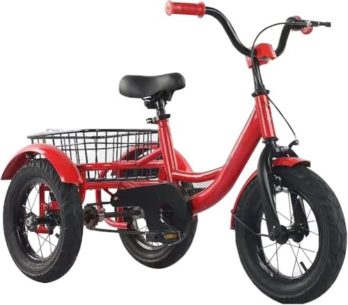 JIYIAN Kids Tricycle with Basket for 2-6 Years Old – Heavy Duty 100KG Capacity, Inflatable Wheels – High Carbon Steel Frame, Pedal Bike with Chain, Baby Stroller Push Ride-On,Red