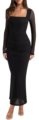 REORIA Long Sleeve Wedding Guest Maxi Dresses for Women Sheer Mesh Square Neck Ruched Bodycon Long Dress 2026 Spring Outfits Black Onyx Small