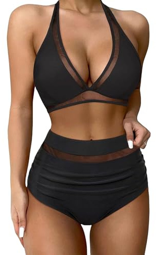 Risipu High Waisted Bikini Set Tummy Control Swimwear, High Waist Bikini Sets for Women UK, Push Up Bikinis 2 Piece Swimsuit Woman Ladies (UK, Alpha, M, Regular, Regular, Black)