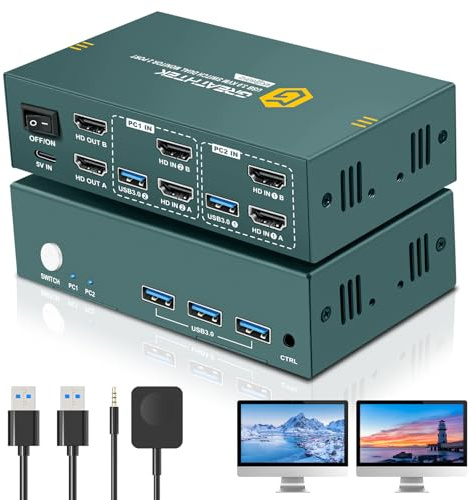KVM Switch 2 PC 2 Monitor 4K60Hz Commutatore KVM con 3 Porte USB 3.0 con Tastiera, Mouse, Stampante e Disco U, Switch KVM Supporto Extended & Copy, con Controller Desktop