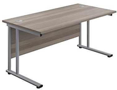 Office Hippo Heavy Duty Rectangular Cantilever Office Desk, Home Office Desk, Office Table, Integrated Cable Ports, PC Desk For Office or Home, 5 Yr Wty - Silver Frame/Grey Oak Top, 180cm x 80cm