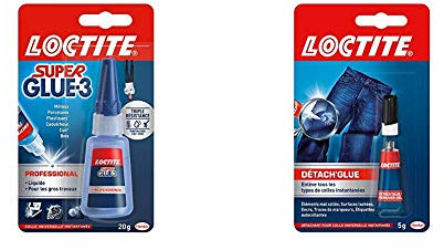 Loctite Super Glue-3 Professionnel, Colle Liquide à Séchage Immédiat, Colle Transparente, Flacon de Colle 20 g inclut Loctite Détach'Glue, Dissolvant Colle qui Enlève Taches et Résidus de Colle