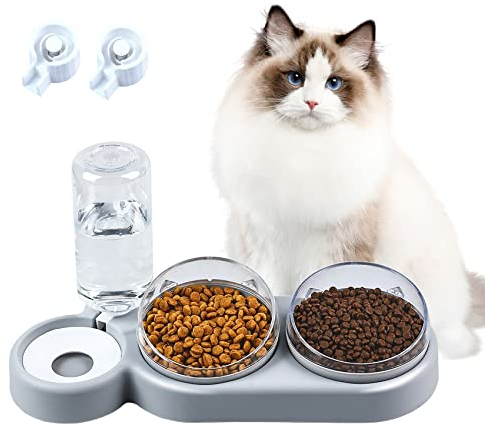 Double Gamelle Chat Surélevée,Inclinable à 15° Bol pour Chat Anti-Vomissements Bol pour Animaux de Compagnie 3-en-1 à Stockage d'eau Automatique,Disponible pour Les Chats et Les Chiots (Grise)