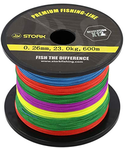 Stork Revolution, 12-Fach geflochtene Premium Angelschnur 600m (Multicolor, 17.6 kg / 0.22 mm)