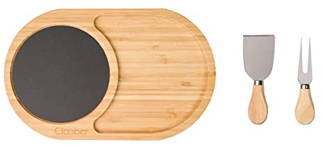 Cloober - Tabla Quesos en Madera Bambu con Piedra y Cuchillos - Natural Antiséptica y Resistente - Ideal para Servir y Presentar Aperitivos con Amigos