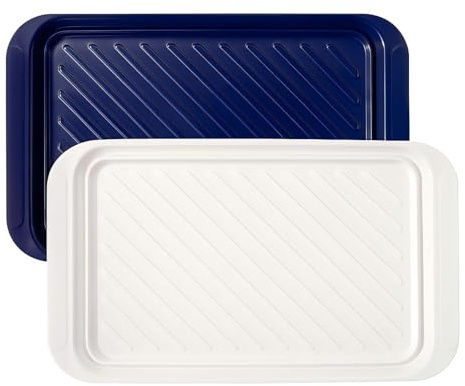 TP Grilling Prep and Serve Trays, 17 x 10.5 inch BBQ Trays for Cooked and Raw Foods, Set of 2 Melamine Serving Platters for Meats, Grill Accessories, Blue and White