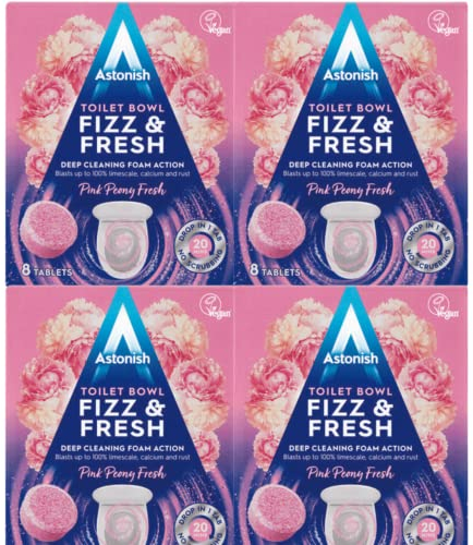 Astonish Toilet Cleaning Foam Action Tabs - Pink Peony Scent, Pack of 4 x 8 Tablets - Powerful and Effortless Toilet Bowl Cleaning with Refreshing Pink Peony Fragrance for Long-Lasting Freshness
