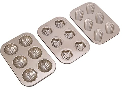 Oikabio Madeleine Pans - Molde antiadherente para garras de gatos, molde para hornear de carbono, 6 bandejas para hornear, molde para bagels, molde para hornear, color dorado
