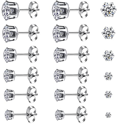 6 Paare Damen Silber Ohrstecker Set Diamant für Mädchen Herren Edelstahl Hypoallergen Ohrringe Cubic Zirkonia Brilliant Ohrstecker Schmuck Geschenk 3-8mm