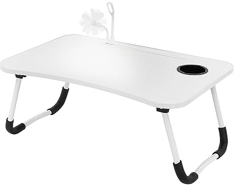 ML-Design Tavolino da Letto Bianco 60x40 cm Tavolo Pieghevole per Laptop da Divano Scrivania Portatile per Notebook con 4 Porte di Ricarica USB Piccola Lampada Piccolo Ventilatore Supporto per Tablet